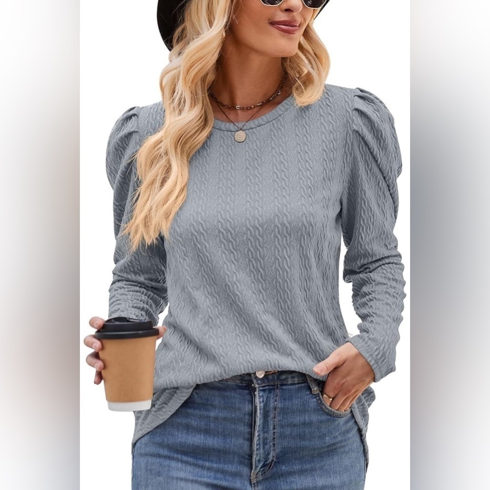 NEW Gray Textured Shirred Puff Shoulder Long Sleeve Top Size Large